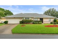 Charming single-story home with a well-manicured lawn, beautiful landscaping, and an attached two-car garage at 27100 Racquet Cir, Leesburg, FL 34748