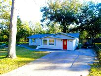 Ranch-style home with red door, driveway, and grassy yard at 1650 Pine Ave, Mount Dora, FL 32757