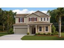 Two-story house featuring a beige exterior, red shutters, and a two-car garage at 693 Peroni Ave, Debary, FL 32713