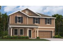 Two-story home featuring brown siding, black shutters, an attached two-car garage, and manicured lawn at 4778 Golden Knight Blvd, Kissimmee, FL 34746