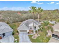 Charming home featuring mature palm trees, well-maintained landscaping, and attached two-car garage at 21505 Castle View Ct, Leesburg, FL 34748