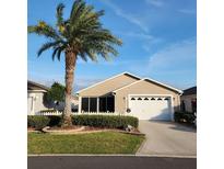 Charming single-story home with a well-manicured lawn and a beautiful palm tree in the front yard at 2523 Mariel Way, The Villages, FL 32162