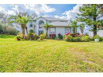 Charming two-story home with a lush front yard, palm trees, and decorative pink flamingos at 9636 Water Fern Cir, Clermont, FL 34711