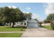 Charming single-story home featuring a well-manicured lawn, large trees, and a two-car garage at 250 Ashley Rd, Mascotte, FL 34753