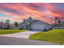 Charming single-story home featuring a well-manicured lawn and a two-car garage against a vibrant sky at 2840 Sw 166 Th Ln, Ocala, FL 34473