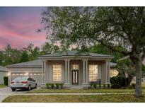 Inviting single-story home featuring stately columns, lush landscaping, and an attached two-car garage at 10292 Kristen Park Dr, Orlando, FL 32832