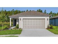 Charming single Gathering home features a neutral paint scheme, manicured lawn, and a large two car garage at 9072 Wildlight Trl, Wildwood, FL 34785