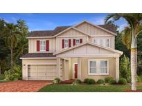 Charming two-story home features a red front door, attached garage, and manicured landscaping at 698 Peroni Ave, Debary, FL 32713
