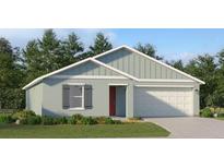 Charming single-story home featuring a two-car garage, green lawn, and a vibrant red front door at 2082 Lasso Loop, Eagle Lake, FL 33839
