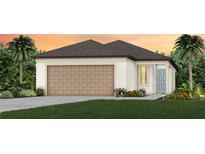 Charming one-story home with a neatly maintained lawn, a two-car garage and an inviting entryway at 9060 Wildlight Trl, Wildwood, FL 34785