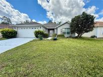 Charming single-story home with a well-manicured lawn, mature trees, and a two-car garage at 11928 Se 91St Cir, Summerfield, FL 34491