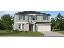 Two story home showcasing a front-facing two car garage and charming red front door at 2180 Albatross Nest Dr, Bartow, FL 33830