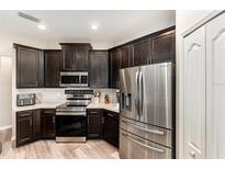 Modern kitchen featuring stainless steel appliances and dark cabinets, providing ample storage at 6050 Eagle Pointe Dr, Lakeland, FL 33812