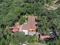 Aerial view of a home with a brown roof surrounded by lush greenery and a large driveway at 1625 Itchepackesassa Dr, Lakeland, FL 33810