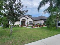 Charming home with well-manicured lawn and a variety of potted plants lining the walkway at 4471 Marsh Harbor Dr, Tavares, FL 32778
