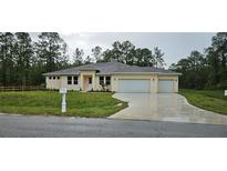 Charming single-story home featuring a three-car garage and neutral color palette, complemented by a well-manicured lawn at 19041 Mardi Gras St, Orlando, FL 32833