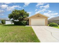 Charming single-story home featuring a manicured lawn, mature landscaping, and a two-car garage in a residential neighborhood at 3243 Winchester Estates Cir, Lakeland, FL 33810
