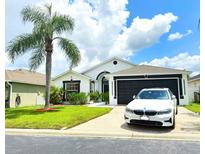 Charming single-story home with a well-manicured lawn, mature landscaping and a modern, black-trimmed facade at 132 Canary Island Cir, Davenport, FL 33837