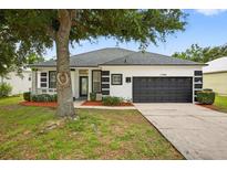 Charming single-story home featuring a two-car garage, landscaped front yard, and inviting entryway at 1760 Mountclair Ct, Mount Dora, FL 32757