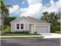 Charming single-story home with gray siding, attached garage, lush landscaping, and a welcoming front porch at 2244 Broadbrook Drive, St Cloud, FL 34771