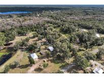 Wide aerial view of a wooded property featuring several small structures and nearby lake at 353 Vannote Rd, Pierson, FL 32180