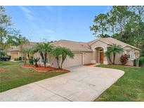 Tan house with palm trees, a two-car garage, and a manicured lawn at 189 Perfect Dr, Daytona Beach, FL 32124