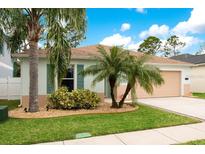 One-story home with light teal siding, brown roof, and palm trees at 524 Aeolian Dr, New Smyrna Beach, FL 32168