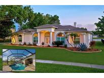 Beautiful single-story home with manicured lawn, mature trees, and a screened-in pool, offering an inviting outdoor oasis at 6071 Sabal Hammock Cir, Port Orange, FL 32128