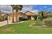 Charming single-Gathering home featuring a well-manicured lawn, mature palm trees, and a two-car garage at 111 Brown Crane Ct, Daytona Beach, FL 32119