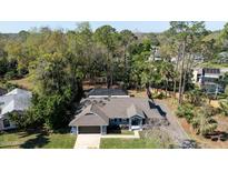 Well maintained one-story home with a gray roof, driveway, and a cozy front yard shaded by mature trees at 464 Nash Ln, Port Orange, FL 32127