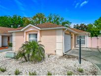 Charming single-story home featuring a well-maintained yard with decorative rock and small palm tree at 1711 Francisco St, The Villages, FL 32159