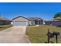 Charming single-Gathering home featuring a well-manicured lawn, a two-car garage, and a classic gray exterior at 303 Puffer Ct, Kissimmee, FL 34759
