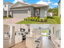 Split view featuring an exterior and a modern kitchen with stainless steel appliances and island seating at 7068 Lanier Falls Rd, Deland, FL 32724