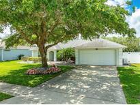 Charming single-story home featuring a well-manicured lawn, mature tree, and a two-car garage with driveway at 5479 Saint Regis Way, Port Orange, FL 32128
