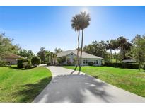 Charming single-story home with a long driveway, lush lawn, and mature palm trees in a serene setting under a clear blue sky at 2635 Wood Duck Vlg, Deland, FL 32720