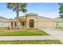 Charming, beige single-story home with a two car garage, complemented by a lush lawn and mature palm tree at 1481 Areca Palm Dr, Port Orange, FL 32128