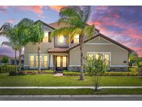 Beautiful two-story home with a well-manicured lawn, lush landscaping, and mature palm trees at 163 Rosa Bella Vw, Debary, FL 32713