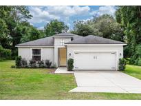Charming single-story home featuring a gray exterior, complemented by a two car garage and well-manicured landscaping at 1388 15Th St, Orange City, FL 32763