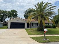 Charming single-story home featuring a black garage door, brick accents, and a mature palm tree in the front yard at 808 Scrub Oak St, South Daytona, FL 32119