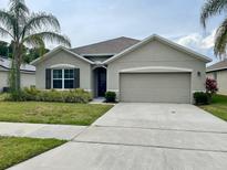 Charming single-story home featuring a two-car garage, lush landscaping, and well-maintained lawn at 119 Fishermans Cove Dr, Edgewater, FL 32141