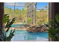 Inviting screened pool area featuring a rock waterfall and lush foliage at 19343 Moorgate St, Orlando, FL 32833