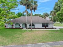 Charming single-story home with a well-manicured lawn, palm trees, and an inviting arched entryway at 718 Sleepy Hollow Dr, Port Orange, FL 32127