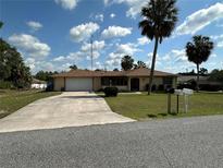 Charming single-story home featuring a long driveway, a two-car garage, a well-maintained lawn, and tropical palm trees at 15555 Sw 46Th Cir, Ocala, FL 34473