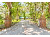 Long private drive leading to brick home surrounded by mature, moss-covered trees at 712 S Timberlane Dr, New Smyrna Beach, FL 32168