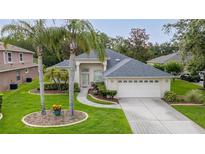 Inviting single-story home featuring a manicured lawn, mature palm trees, and an attached two-car garage at 723 Oakwater Ln, Port Orange, FL 32128