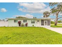 Charming light green one-story home featuring a well-manicured front yard and screened entryway at 203 Fox Pl, Port Orange, FL 32127