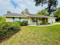 Charming single-story home with light yellow siding, blue shutters, covered porch, and well-maintained lawn at 733 E Ohio Ave, Deland, FL 32724