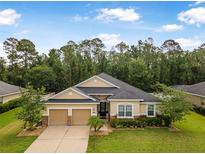 Charming single-story home with stone accents, lush landscaping, and a two-car garage at 31 Abacus Ave, Ormond Beach, FL 32174