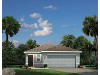 Charming single-story home with a two-car garage, complemented by palm trees and blue skies at 5047 Bear Lake Loop, Deland, FL 32724