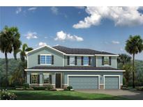 Two-story house with light blue siding, three-car garage, and stone accents at 3041 Cavey Way, Clermont, FL 34711